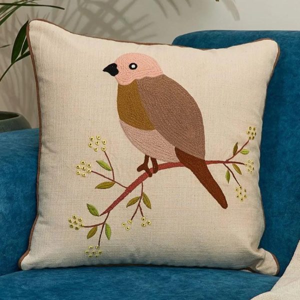 Birdie On A Tree Embroidered Cotton Cushion Cover | 16 x 16 Inches Supply