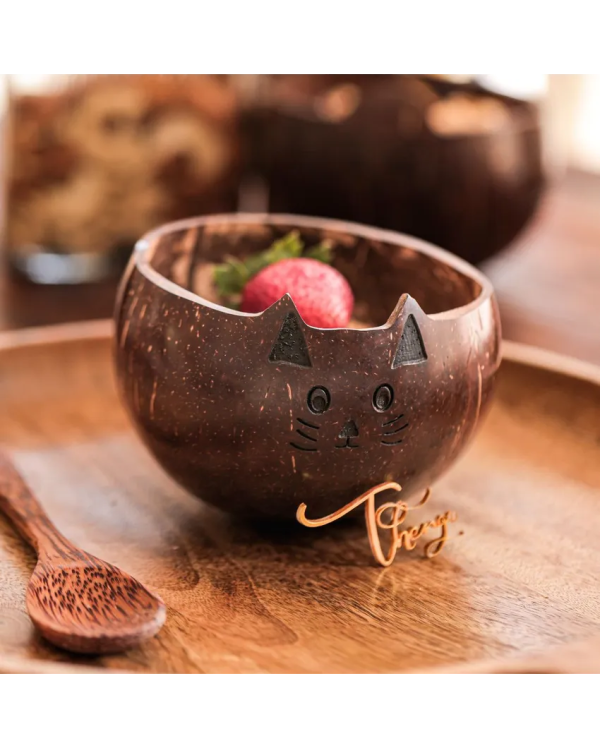 Animal Design Brown Coconut Shell Cat Bowl | 4 x 4 x 3 inches Online Hot Sale