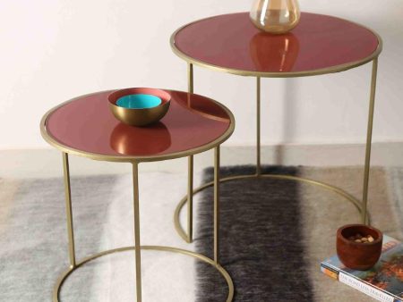 Pale Ruby Color Glass Top Nesting Tables | Set Of 2 Discount