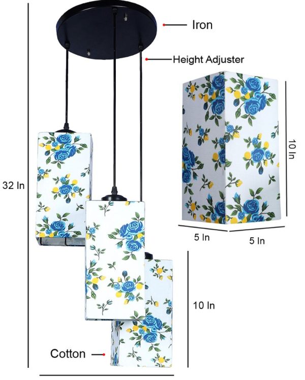 Blue Floral Print Square Cotton Cluster Hanging Lamp Online now