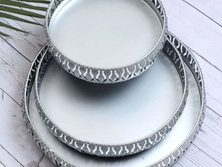 Round Etching Silver Iron Trays | Silver | Set Of 3 Hot on Sale