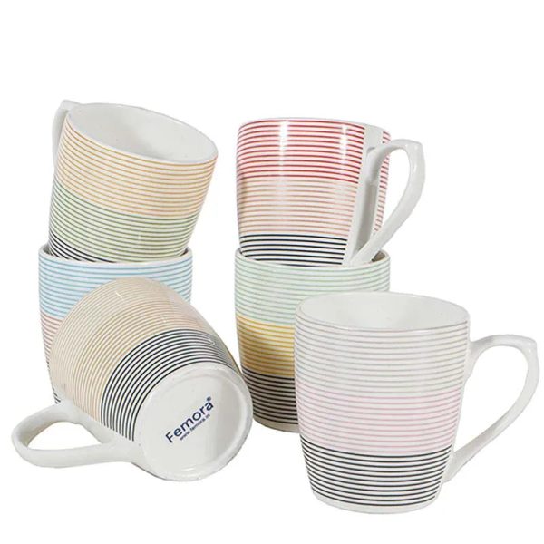 Symmetric Straight Multicolor Lines Fine Bone China Tea Cups | 160ml | Set of 6 Online Hot Sale