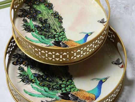 Green Peacock Metal Trays | Gold  | Set of 2 | 8 inches, 10 inches Online Hot Sale