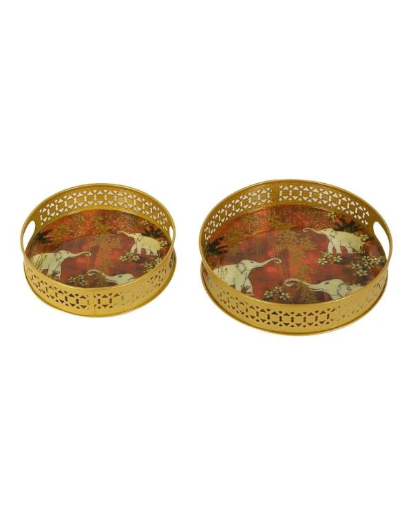 White Elephant Metal Trays | Gold | Set of 2 | 8 inches, 10 inches For Sale