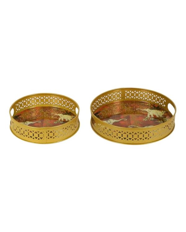 White Elephant Metal Trays | Gold | Set of 2 | 8 inches, 10 inches For Sale