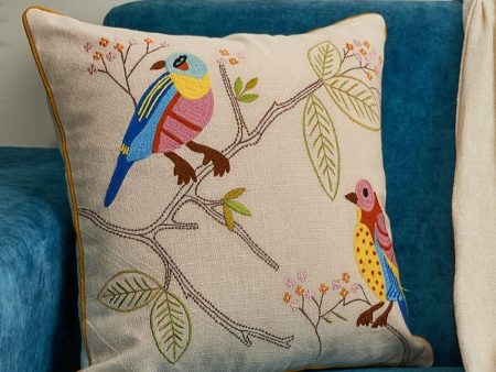 Birds on a Branch Embroidered Cotton Cushion Cover | 16 x 16 inches Sale