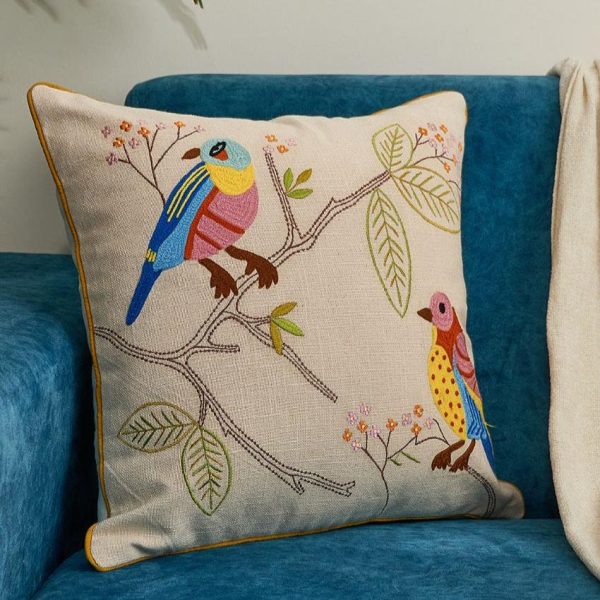 Birds on a Branch Embroidered Cotton Cushion Cover | 16 x 16 inches Sale