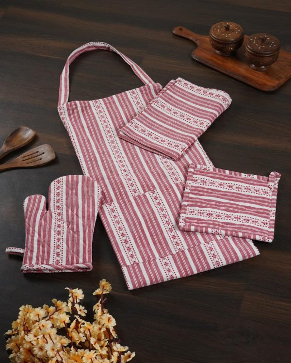 Pink Stiped Cotton Apron with Kitchen Towel, Gloves & Pot Holder Supply