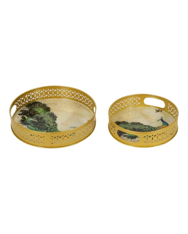 Green Peacock Metal Trays | Gold  | Set of 2 | 8 inches, 10 inches Online Hot Sale