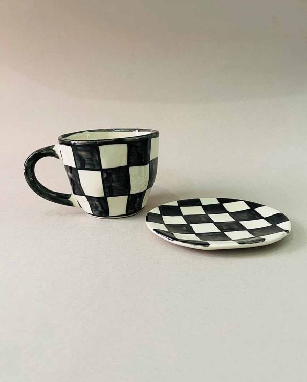 Checkered Design Ceramic Cup & Saucer For Sale