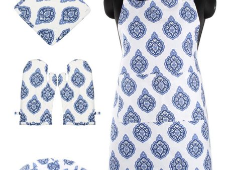 Blue Aahar Kitchen Apron & Pot Holder Set on Sale