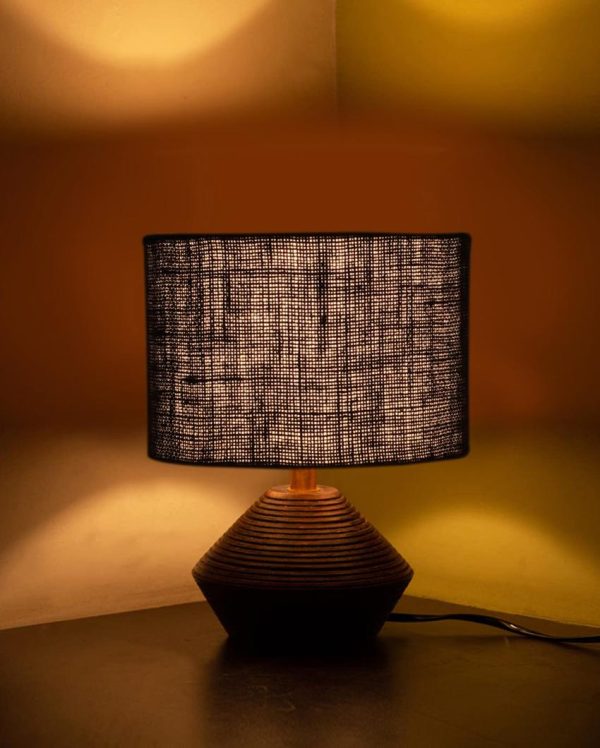 Black Jute Table Lamp with Wood Natural base | 7x12 inches For Sale