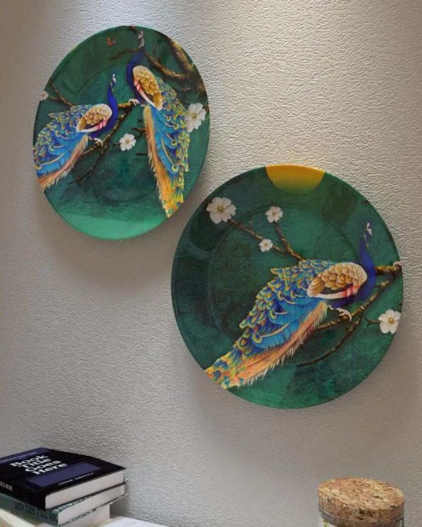 Beautiful Peacock Scenery Ceramic Wall Hanging Plates | Set of 2 Fashion