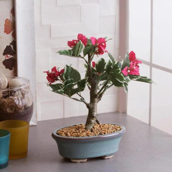 Bougainvillea Artificial Bonsai Plant with Ceramic Pot & Metal Stand | 9 inches For Cheap