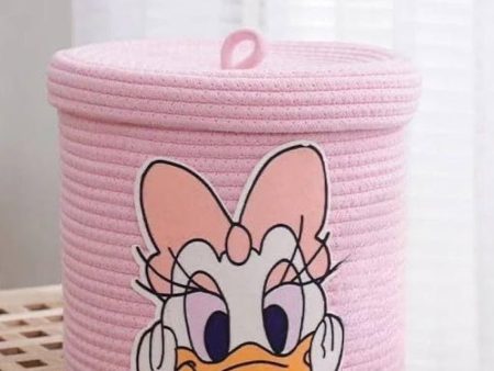 Pink Daisy Cartoon Face Kids Cotton Basket with Lid | 10 × 10 Inches For Sale