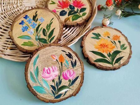 Blooms Bageecha Hand Painted Wooden Bark Coasters | 4 inches | Set Of 4 Sale