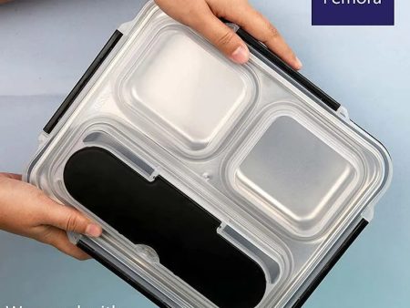 Black High Steel Rectangle Lunch Box Container | 3 Compartments Hot on Sale