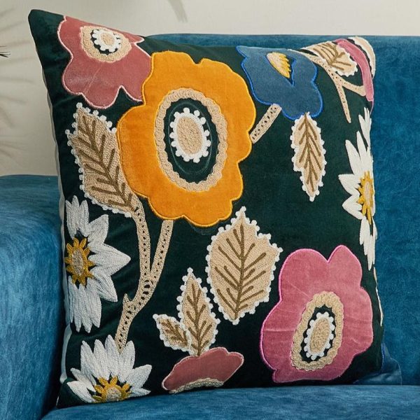 Applique Velvet Cushion Cover With Embroidery | 16 x 16 Inches For Sale