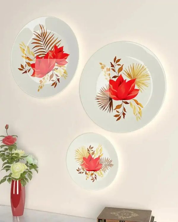 Attractive Flowers & Golden Leaf Design Art Ceramic Wall Plates | Set of 3 Online Sale