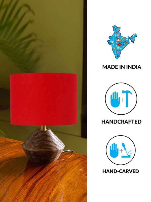 Red Cotton Table Lamp With Wood Natural Base | 7X12 Inches on Sale