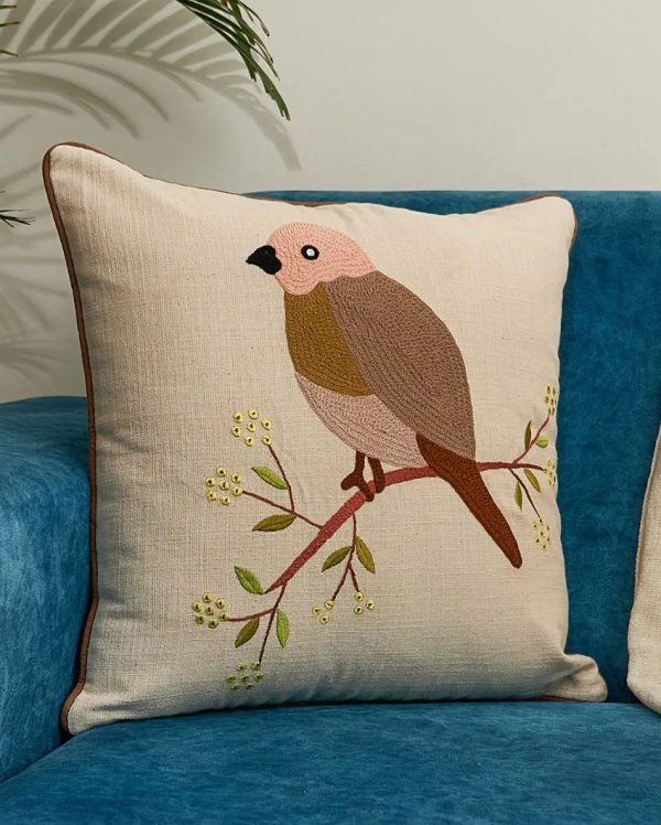 Birdie On A Tree Embroidered Cotton Cushion Cover | 16 x 16 Inches Supply