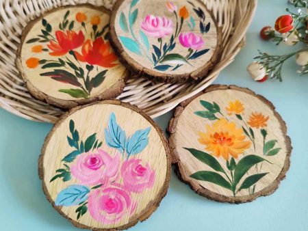 Beautiful Roses Hand Painted Wooden Bark Coasters | 4 inches  | Set Of 4 Fashion