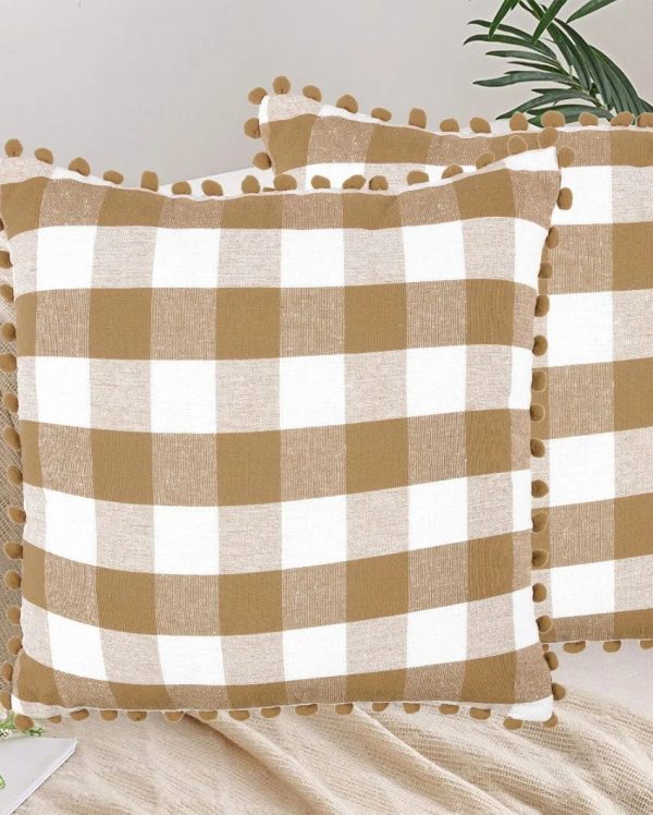 Beige Pom Pom Checks Cotton Cushion Covers | Set of 2 | 16 x 16 inches Online Hot Sale