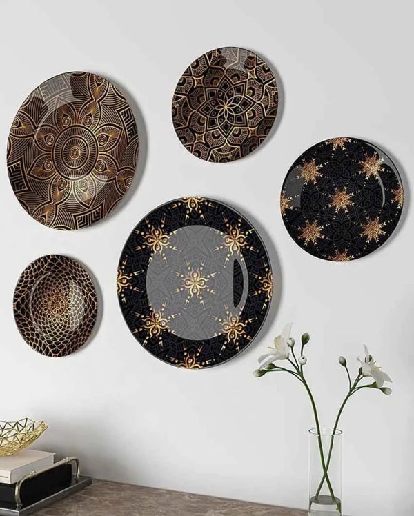 Black Golden Floral Design Ceramic Decorative Wall Plates | Set of 5 Supply