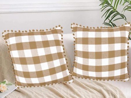 Beige Pom Pom Checks Cotton Cushion Covers | Set of 2 | 16 x 16 inches Online Hot Sale