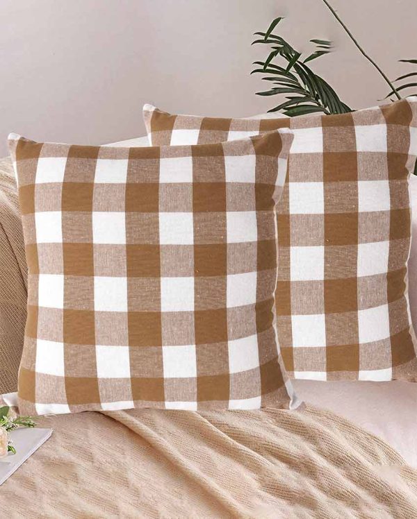 Big Checks Beige Cotton Square Cushion Covers | Set Of 4 | 18 x 18 inches , 20 x 20 inches on Sale