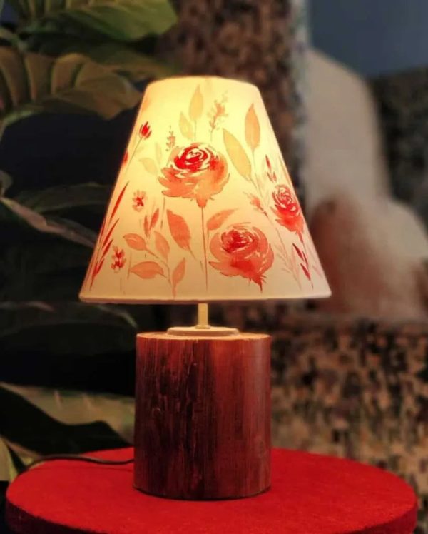 Red Roses Floral Shaded Cone Shaped Cotton Table Lamp | Red Sale