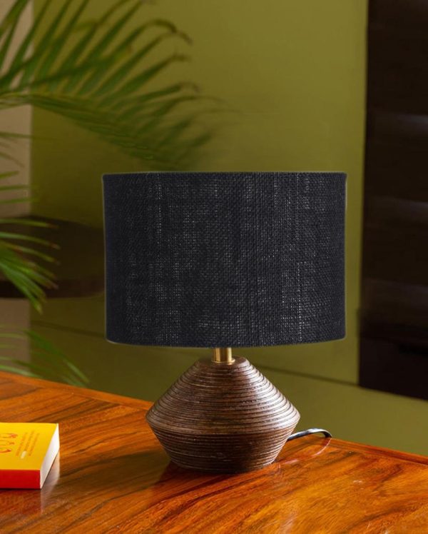 Black Jute Table Lamp with Wood Natural base | 7x12 inches For Sale