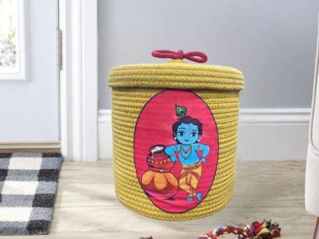 Lord Krishna Face Kids Cotton Basket with Lid | 10 × 10 Inches Cheap