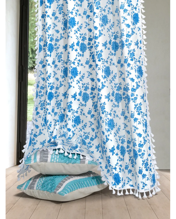 Blue Cotton Boho Curtains With Stainless Steel Rings | Set of 2 Online