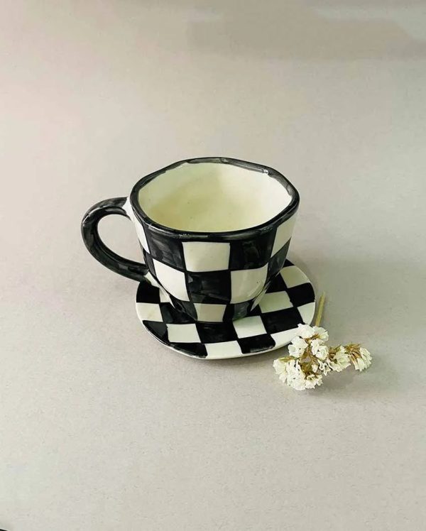 Checkered Design Ceramic Cup & Saucer For Sale