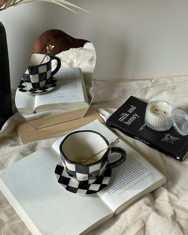 Checkered Design Ceramic Cup & Saucer For Sale