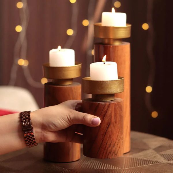 Elegant Wood & Metal Candle Stand | Set of 3 Hot on Sale