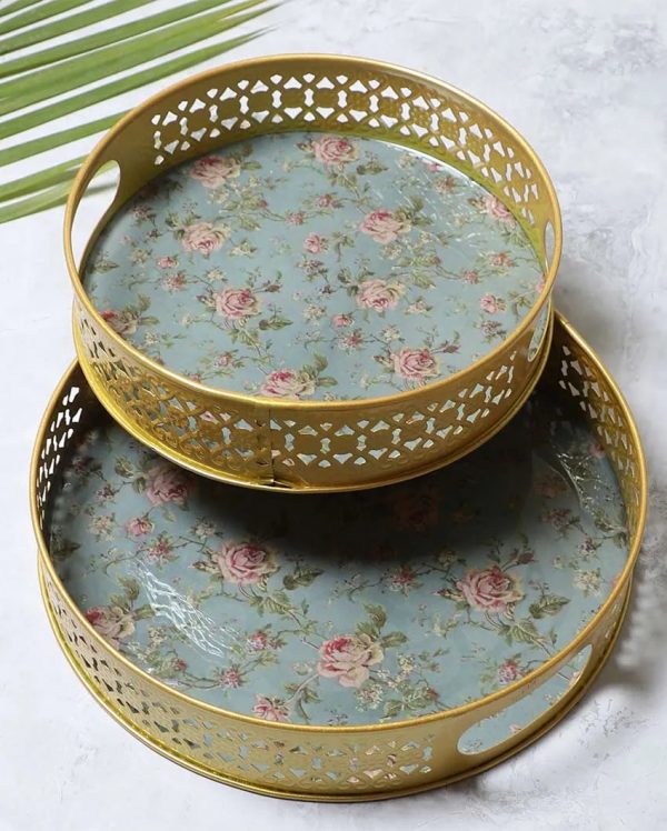 Green Pink Flower Metal Trays| Gold | Set of 2 | 8 inches, 10 inches Hot on Sale