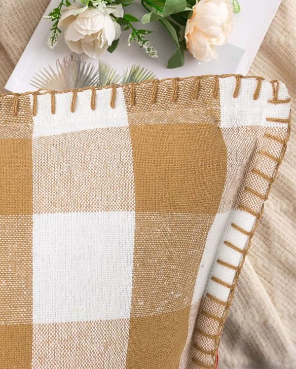 Beige Blanket Stitch Square Cotton Cushion Covers | Set of 2 on Sale