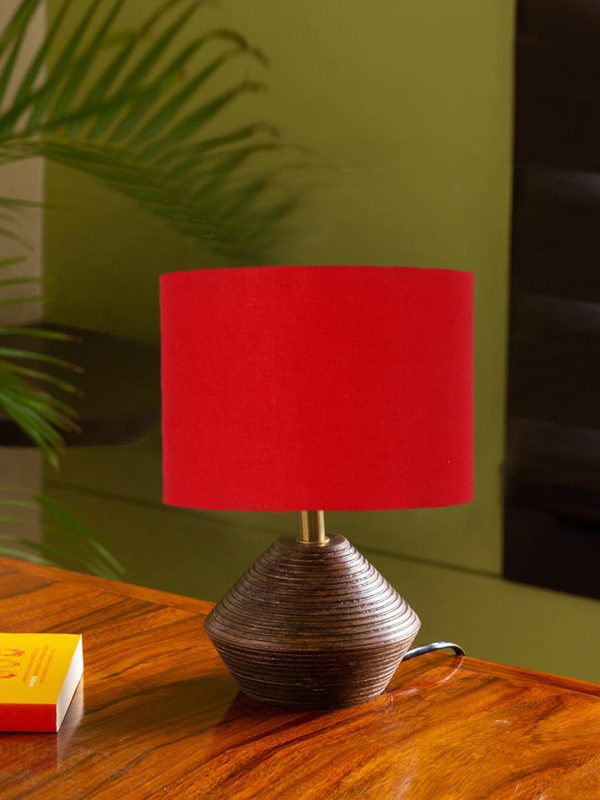 Red Cotton Table Lamp With Wood Natural Base | 7X12 Inches on Sale