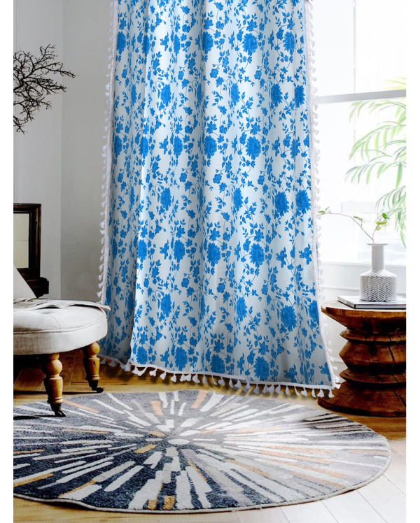 Blue Cotton Boho Curtain With Stainless Steel Rings Fashion