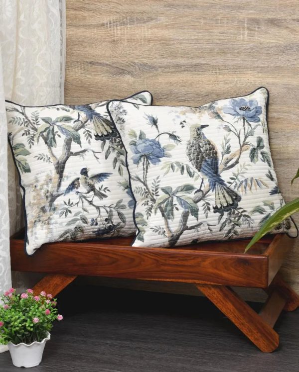 Blue Flowers & Birds Cotton Cushion Covers | Set of 2 Online Sale