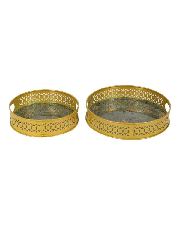 Green Pink Flower Metal Trays| Gold | Set of 2 | 8 inches, 10 inches Hot on Sale