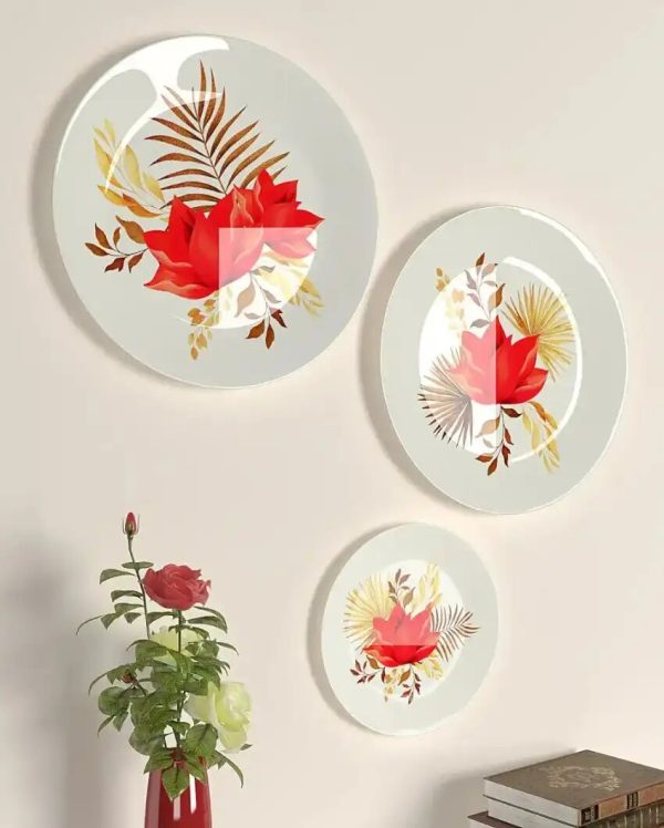 Attractive Flowers & Golden Leaf Design Art Ceramic Wall Plates | Set of 3 Online Sale