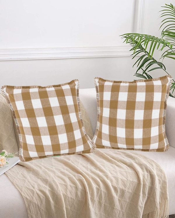 Beige Blanket Stitch Square Cotton Cushion Covers | Set of 2 on Sale