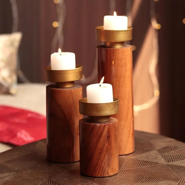 Elegant Wood & Metal Candle Stand | Set of 3 Hot on Sale