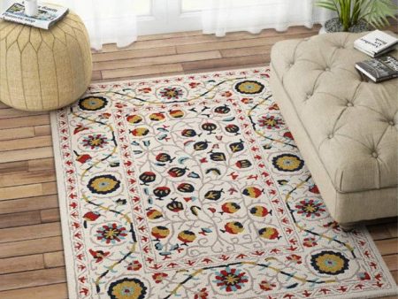 Artistic Suzani Hand Tufted Wool Carpet Unique Design| Ivory | 5 x 8 Feet Hot on Sale