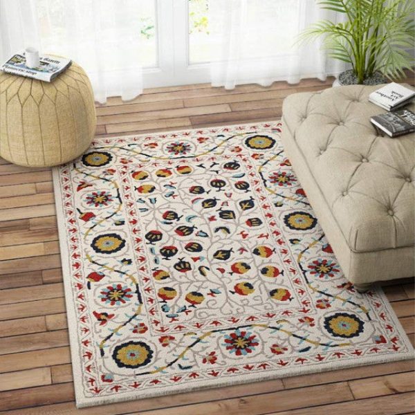 Artistic Suzani Hand Tufted Wool Carpet Unique Design| Ivory | 5 x 8 Feet Hot on Sale