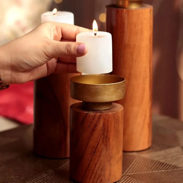 Elegant Wood & Metal Candle Stand | Set of 3 Hot on Sale