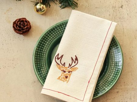 Off White Jolly Reindeer Cotton Napkins | Set of 2 | 16 x 16 inches Online Hot Sale